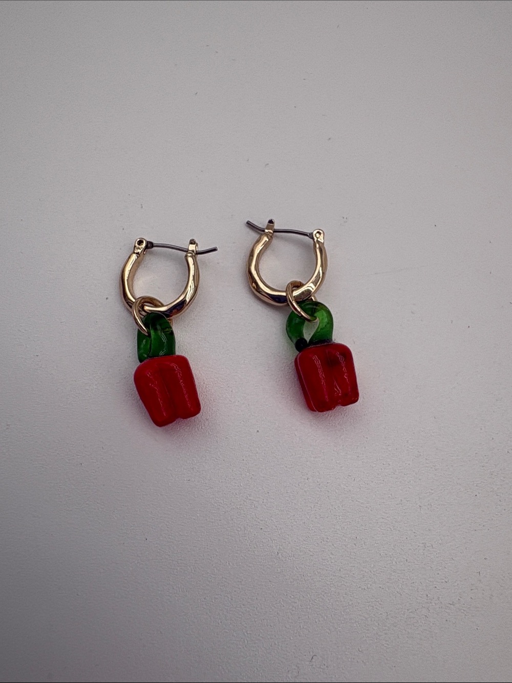 Red Glass Red Bell Pepper Gold Dangle Earrings